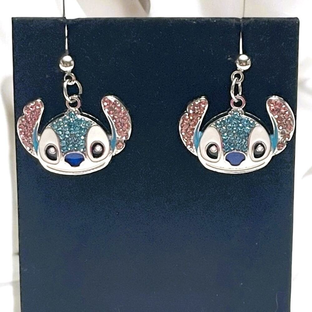 Disney Sterling Silver Stitch Dangle Earrings w/Pink & Blue Rhinestones-NEW